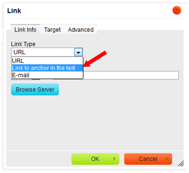 Anchor Insert Hot Text Select Link Dialog Box