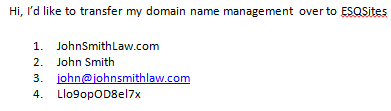 Domain Transfer To ESQ email request