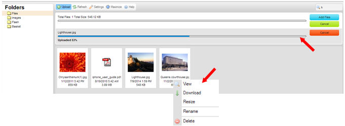 File Manager Upload Status Right Click Dialog