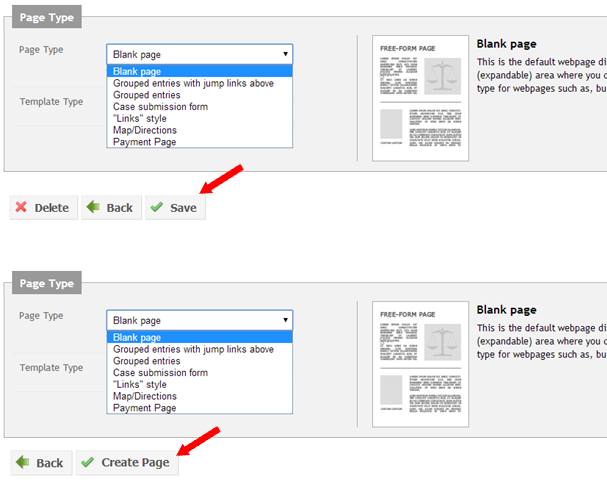 Your Website Pages Page Type Save and Create Buttons